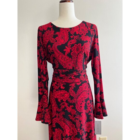 Marc New York Fit and Flare Midi Dress Womens 12 Red Floral Bell Sleeve Flowy - Picture 2 of 7